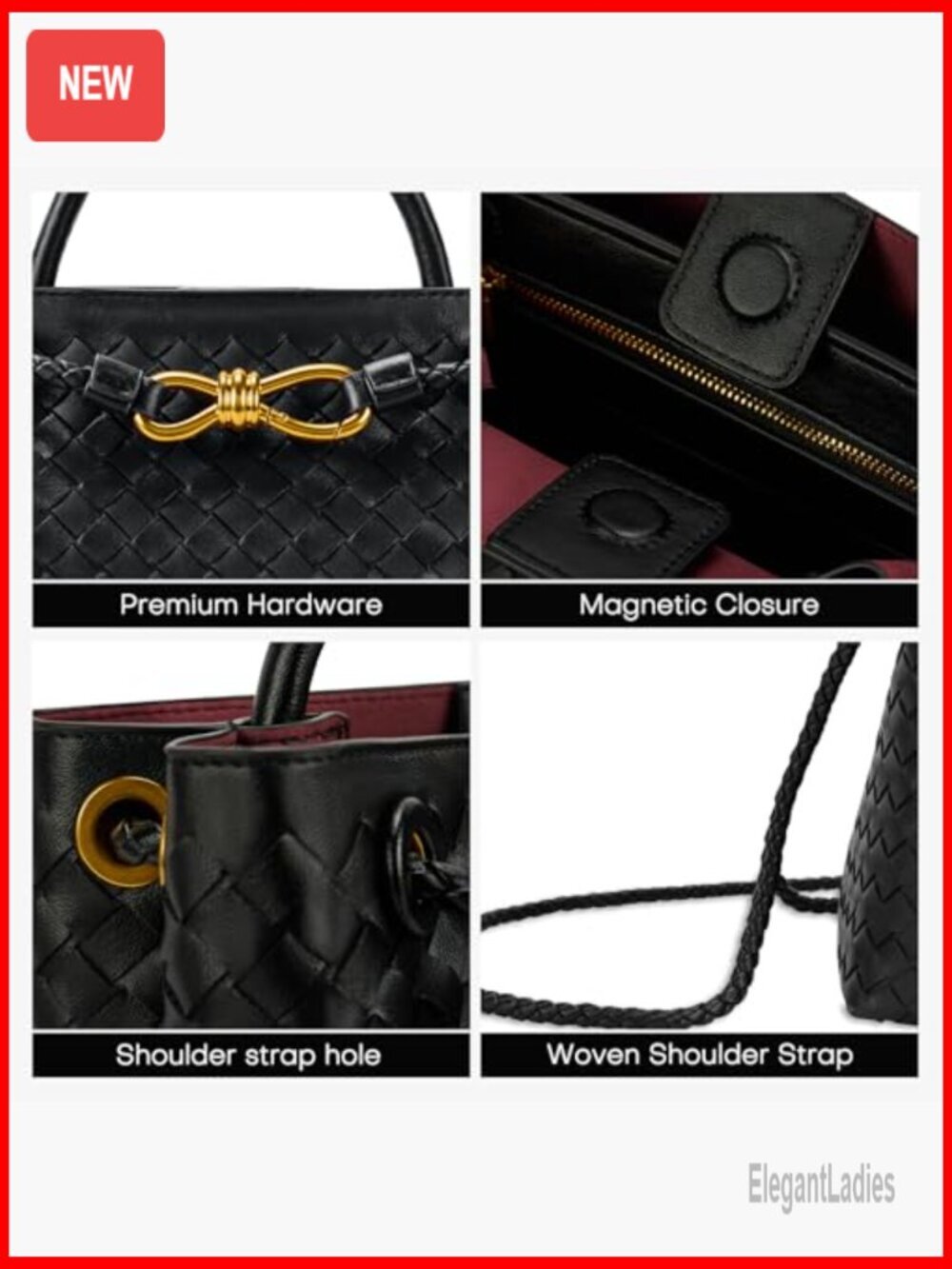 Woven PU Leather Tote Bag with Adjustable Strap, 2 Compartments, Magnetic - Picture 6 of 7
